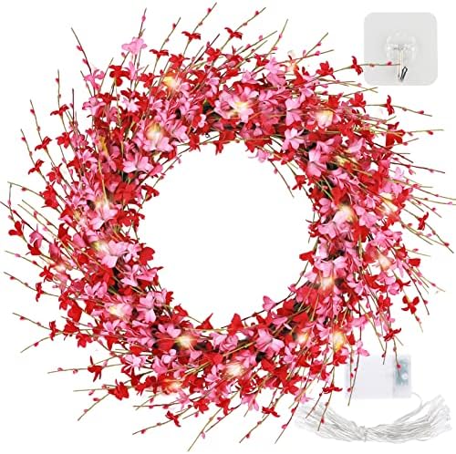 22 Inches Artificial Pink Forsythia Flower Wreath, Natural Vine Wreath, Spring/Summer Front Door Wreath with Hook and Light String, for Wedding Window Home Wall Indoor Front Door Decor