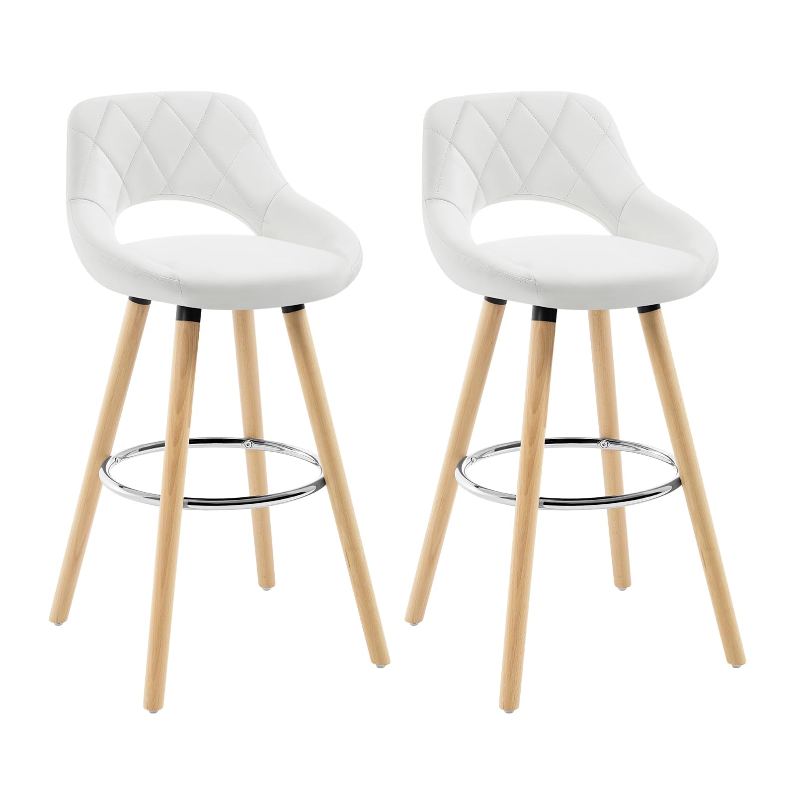 WOLTU Juego de 2 Taburetes Altos con Respaldo Ahuecado y Reposapiés, para Bistro, Cafeteria y Cocina, con Funda de Piel Sintética y Patas de Madera, Blanco