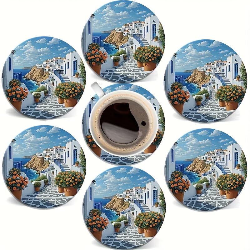 Coasters Set of 9 Santorini Greek Landscape Print, Heat-Resistant Coffee Cup Mats, Home Kitchen Table Protectors, Perfect Housewarming Gift, Dining Accessories, Decorative Mats, Scenic D-image-16