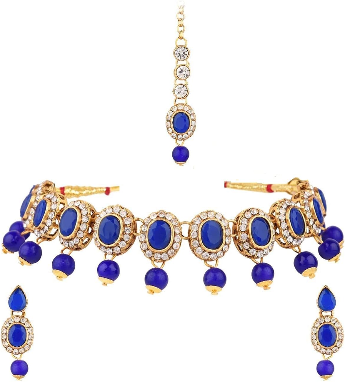 Efulgenz Crystal Indian Jewelry Choker Kundan Crystal Faux Pearl Necklace Earrings Maang Tikka Head Chain Bollywood Wedding Bridal Set for Women