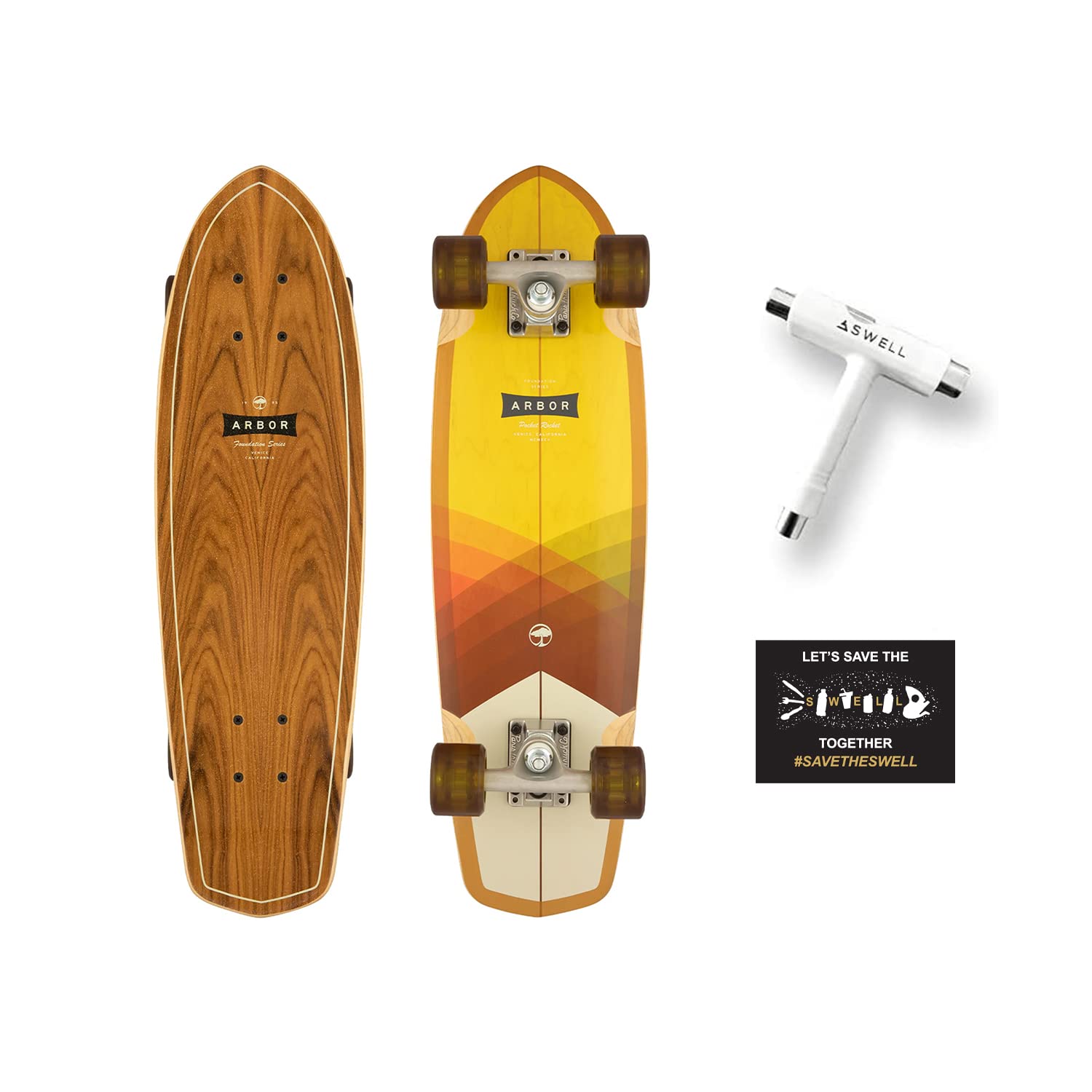 Arbor Collective Pocket Rocket Foundation plus Swell Skateboards Skate Tool plus Swell Skateboards Sticker