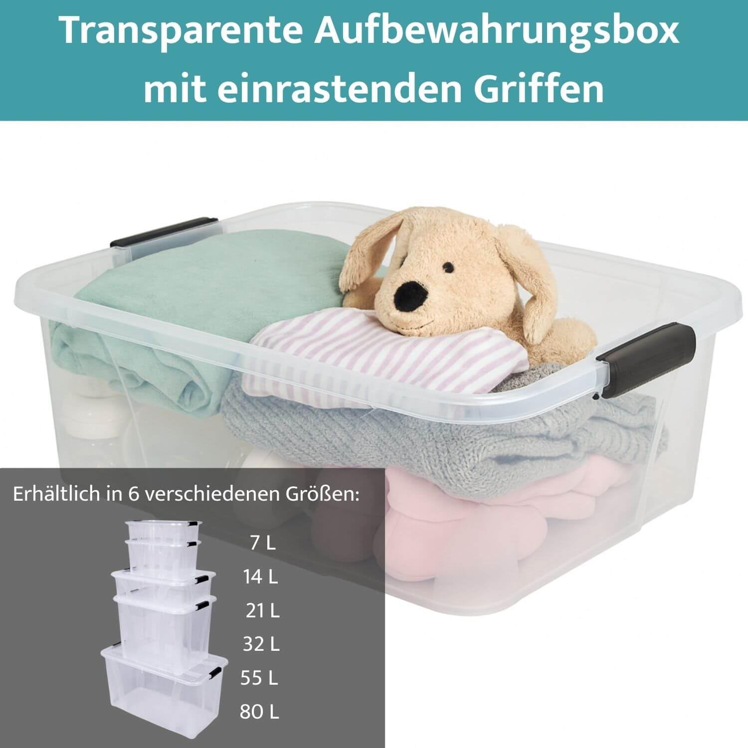 Aufbewahrungsbox + Deckel 5er Set, transparent versch. Gr. stapelbar | Lebensmittelbox Transportbox Vorratsbox Lagerbox Wäschebox Kunststoffbehälter Campingbox Wohnmobilbox (L51xB38,5xH14,8cm - 21l)