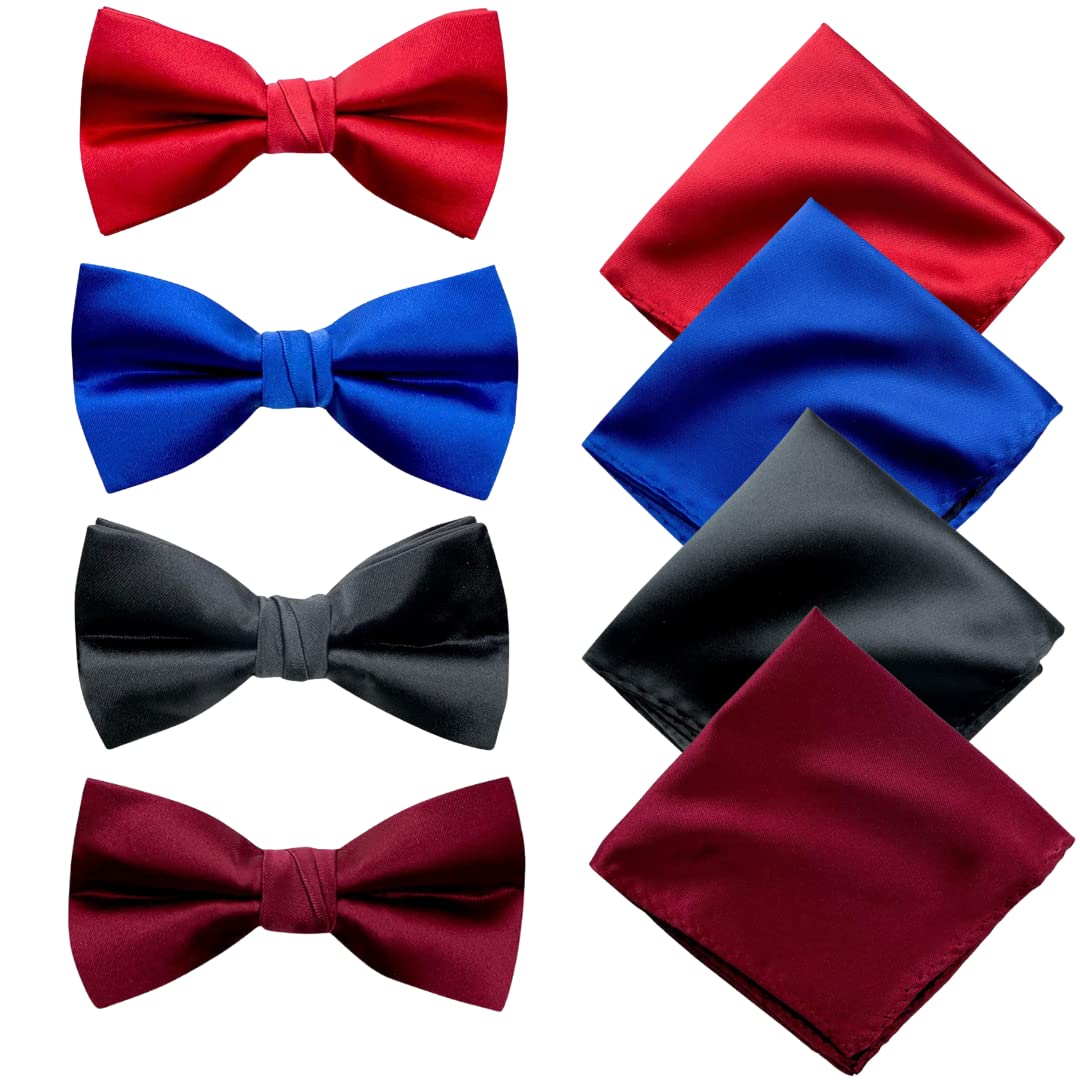 Premium Satin Bow Tie & Pocket Square Combo for Men | Adjustable Neckband for Perfect Fit Bow Tie for Suits & Tuxedo for Formal Events & Weddings (Pack of 4) (Red,Blue, Black & Maroon)-image-24