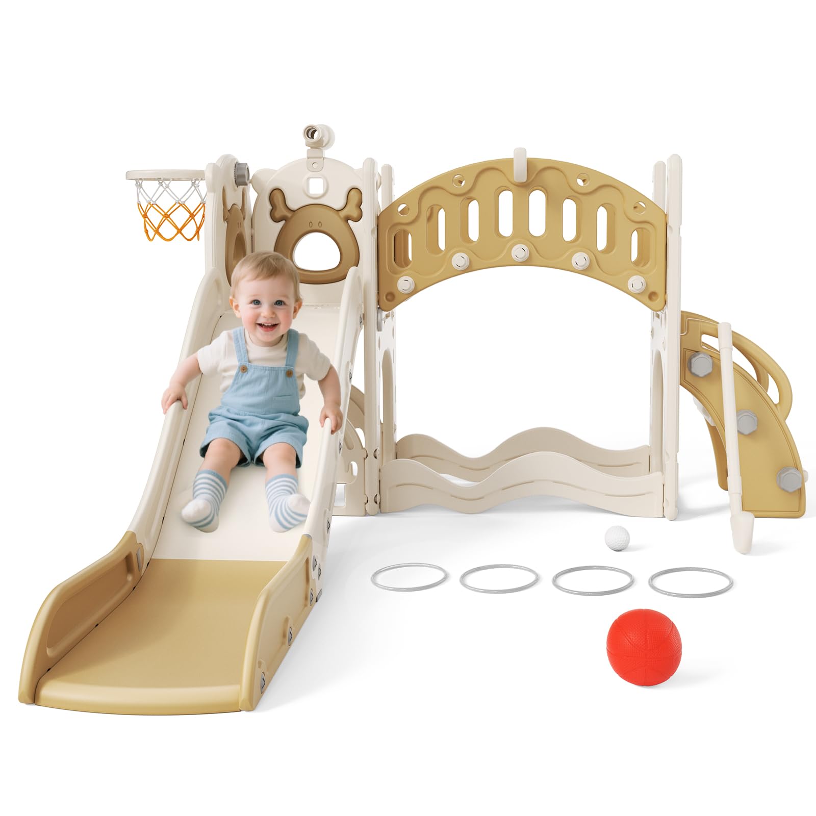 Slide per bambini ispessiti e allargati, scivolo per bambini piccoli indipendente con canestro da basket, attrezzatura per parco giochi con scivolo, scivoli all'aperto (kaki 8 in 1)