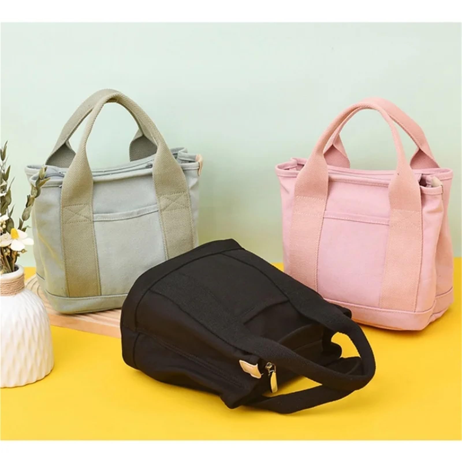 Canvas Tote Bag Damen Kleine Tasche mit Reißverschluss Lady Single Shoulder Tragbare verdickte Handy Bucket FüR Damen