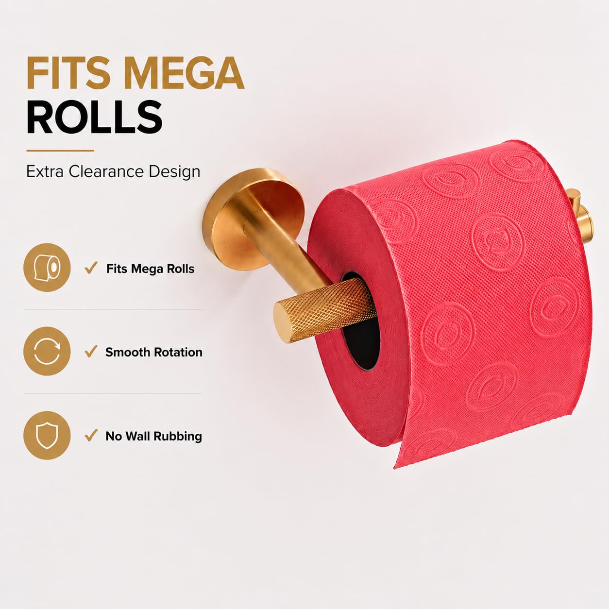 Brushed Gold Toilet Paper Holder, Wall Mounted Toilet Tissue Holder, SUS304 Stainless Steel, Fits Mega & Jumbo Rolls, Solid Knurled Detail, Modern Bathroom Hardware — Amazon image 5