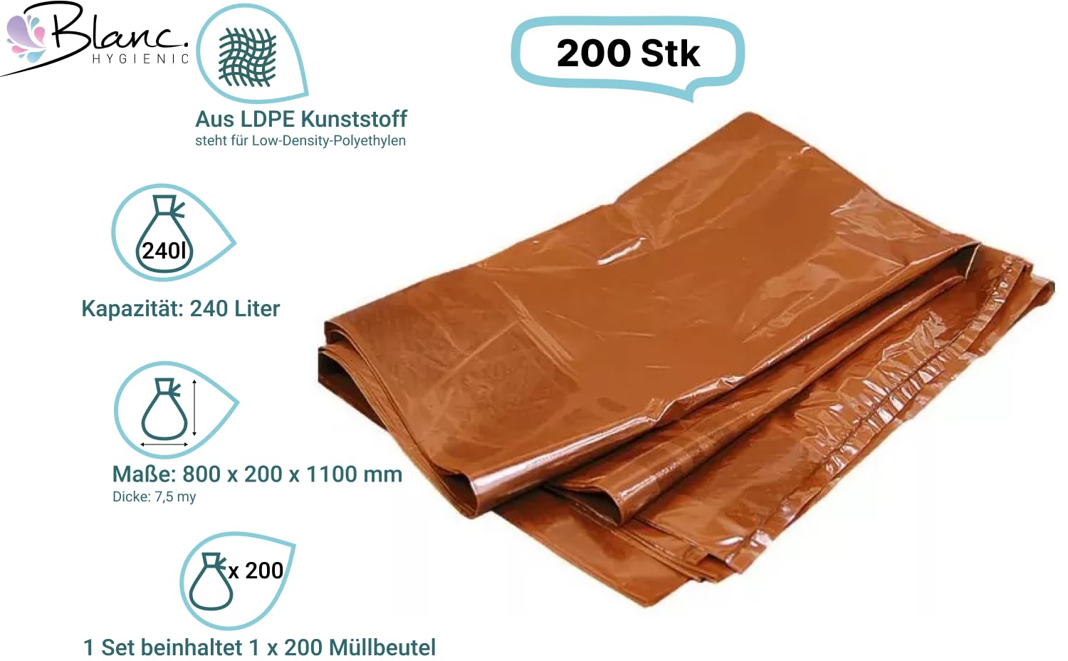 Müllsäcke 240 Liter 200 Beutel Braun | Typ 60, 45 my, reißfest, 200 Müllsäcke, für Gewerbe, Gastronomie & Industrie