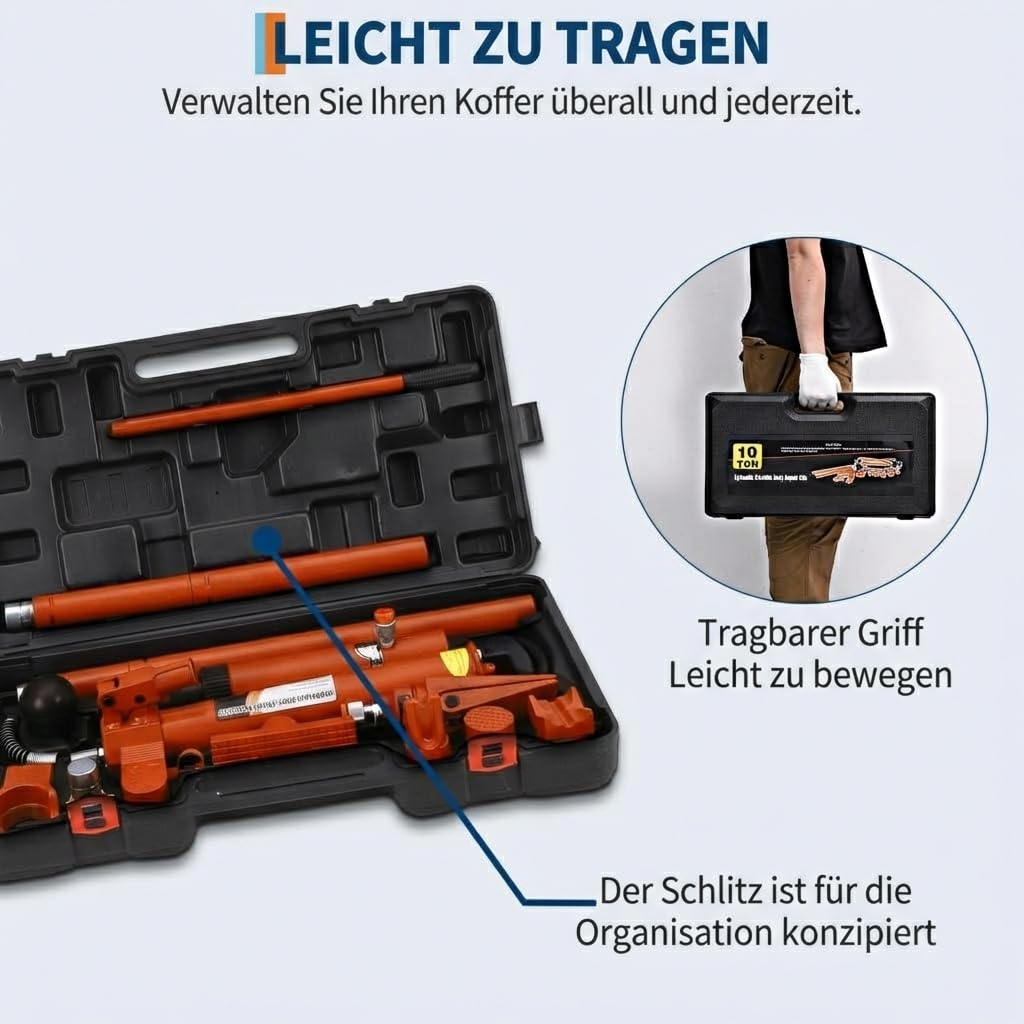 12 Tonnen Hydraulikzylinder Porta Power Set – Karosserie Richtwerkzeug Mit 1,4 m Ölschlauch & Transportkoffer – Hydraulikheber Set Für Werkstatt, KFZ, Landwirtschaft & Schwere Maschinen, Orange