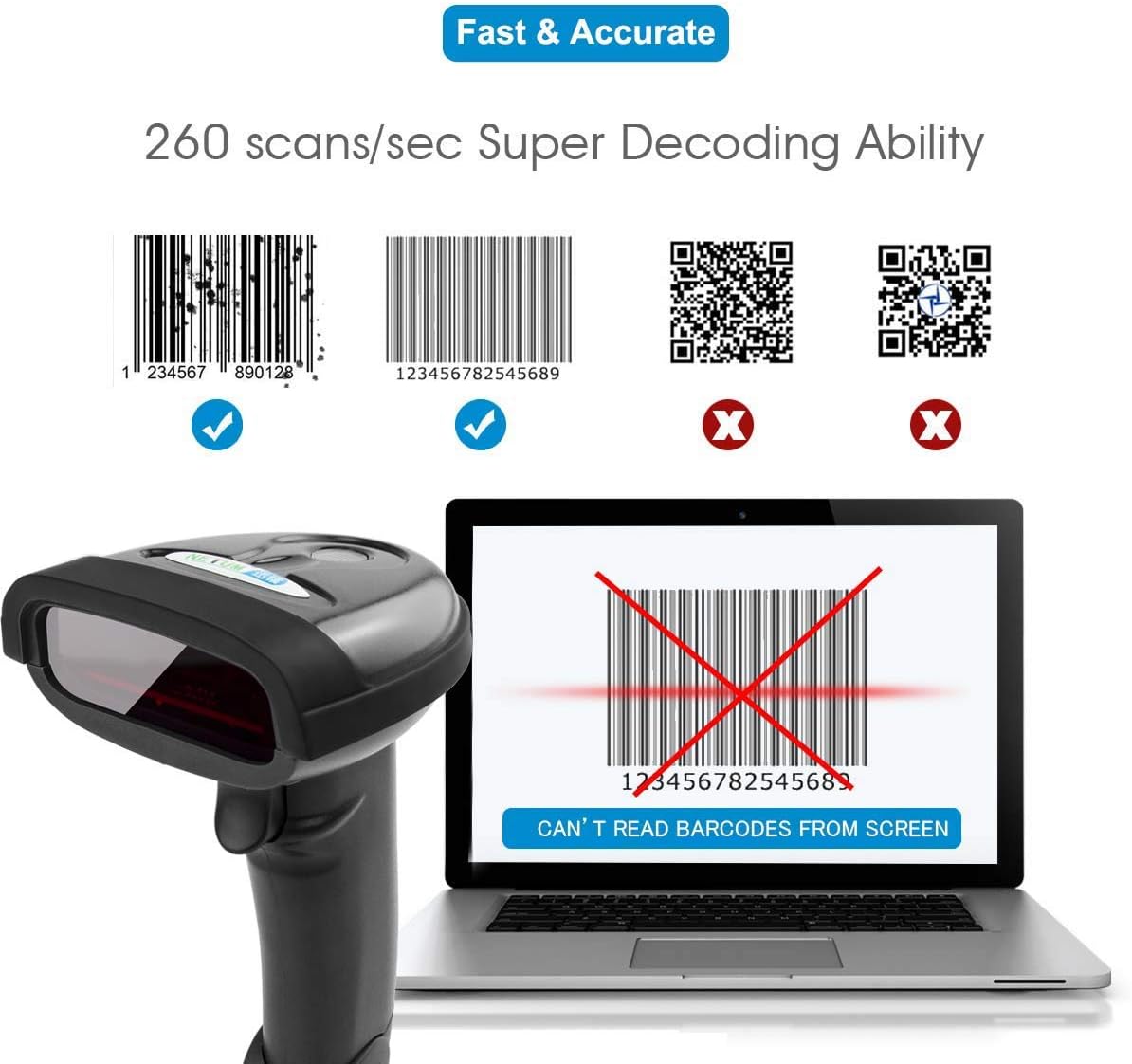 Image showing the NETUM barcode scanner's ability to scan 1D barcodes (Code 128, EAN-13) at 260 scans/sec, but not 2D barcodes (QR Code, Data Matrix).