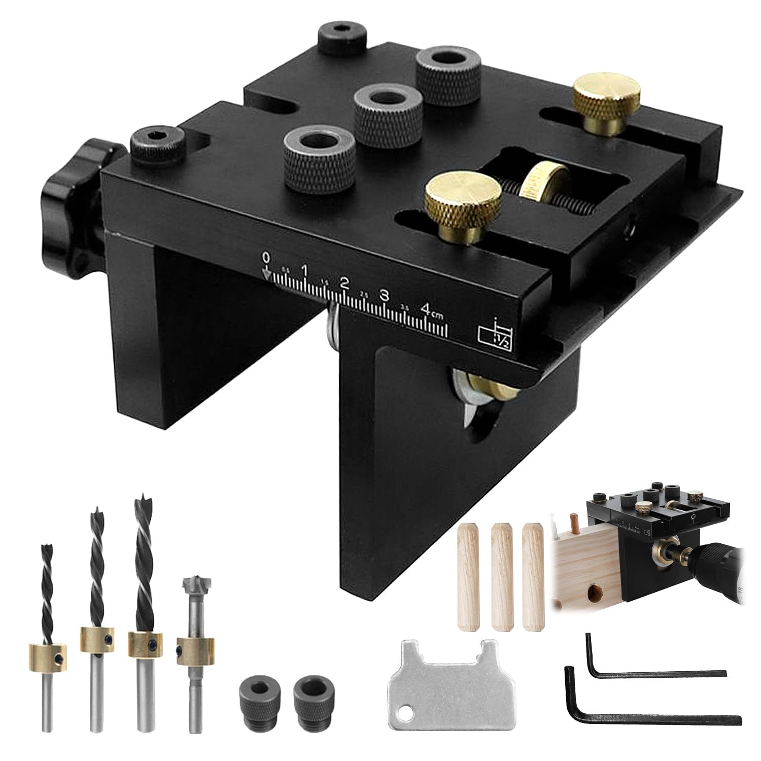3 in 1 Dima per Spinatura Legno set, Foratura Precisa di Tasselli Legno 6/8/10/15 mm, Modulo Rimovibile, Strumento Ausiliario Tasselli con Clip Posizionamento, Strumento Ausiliario Foratura (nero)
