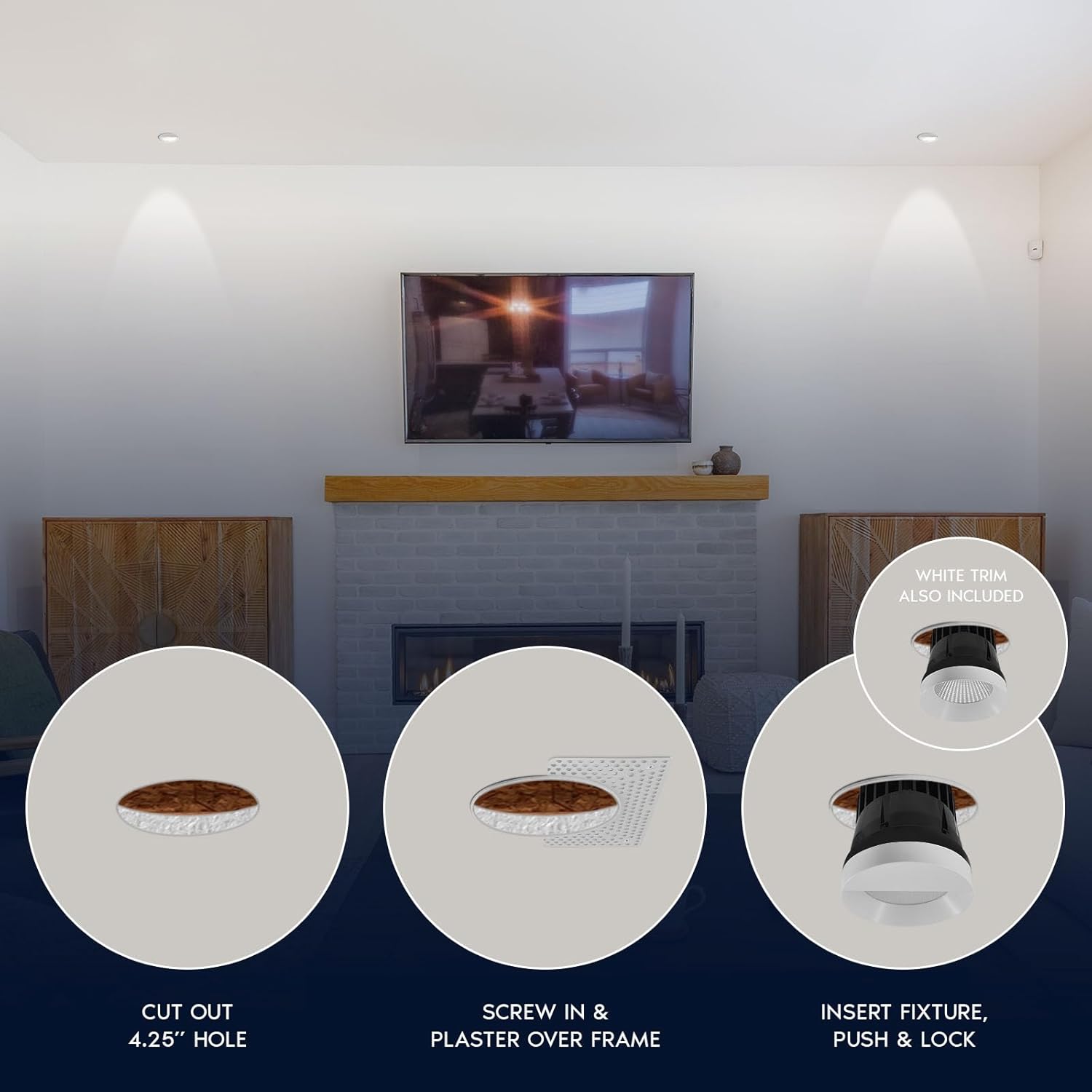 LUXRITE 4-Inch LED Trimless Recessed Spotlight with White Wall Washer Trim Replacement 25W, 2000LM, 2700K-5000K, 38° Beam Angle, Dimmable, Push-n-Lock, CRI90, Damp & IC Rated, ETL White