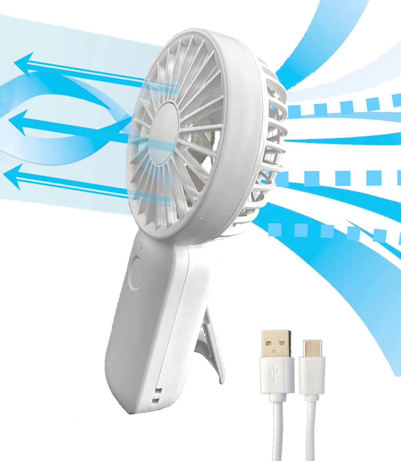 Rhythm Air Portable Handheld Fan. Dual Blade TECHNOLOGY gives a strong focused, column of Air. 4-speed, feel 8-12 ft away. Rear blades pull in. Front blades direct, USB TYPE-C, anywhere you need Air