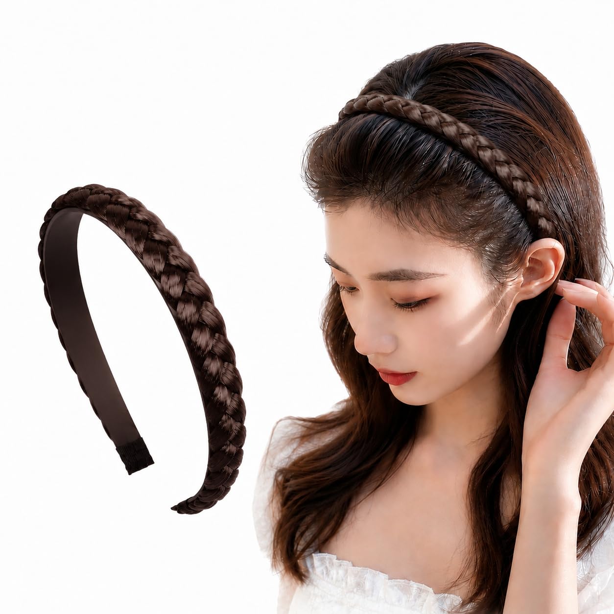 Diversa Braided Hair Band with Teeth, Synthetic Hair Braided Plates Non-Slip Headband, Hair Braid Accessories for Women & Girls, 1.2 inch, Brown, Pack of 1