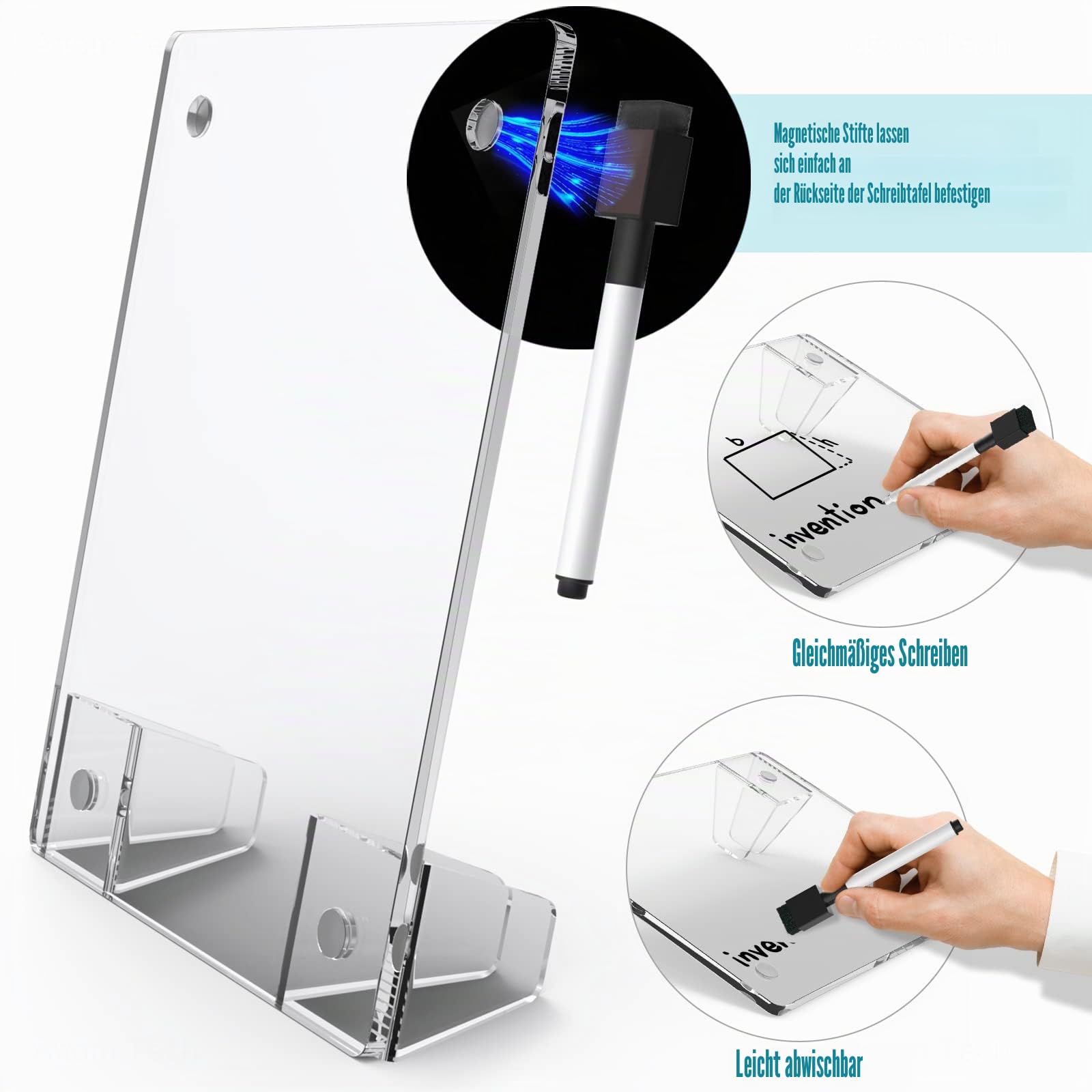 Transparentes Acryl-Whiteboard, 20,3 x 15,2 cm, rahmenlos, trocken abwischbar, mit flexiblem Magnetständer und Markern, Mini-Whiteboard, Schreibtischzubehör für Frauen, Zuhause, Büro, Schule
