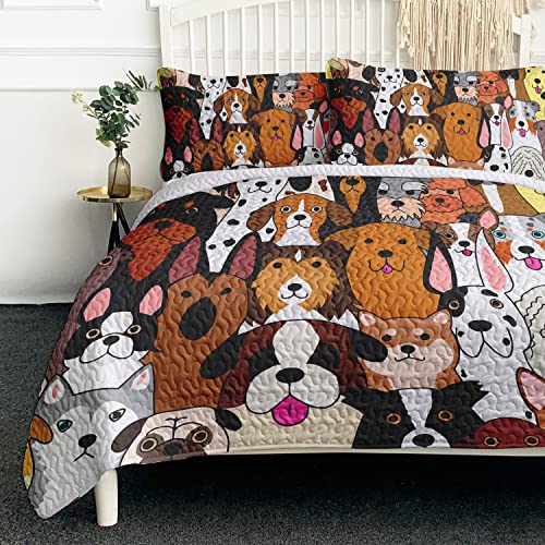 BlessLiving Colorful Dogs Quilt Set King Size, Kids Cartoon Dog Pet Pattern Bedspread-size104 x90, Soft Lightweight Coverlet, Bed Cover for All Seasons-3 Pieces, Includes 1 Quilt, 2 Shams