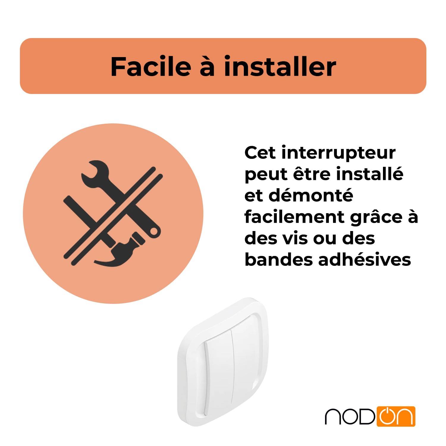 NodOn - EnOcean Interrupteur Sans Fil Sans Pile Mural - Installation Rapide, Sans Travaux, Discret, Plusieurs Versions Disponibles - Interrupteur Connecté Compatible avec Jeedom, eedomus, MyUbiwizz