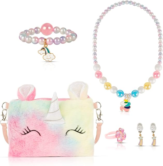 XiYee Plush Unicorn Bag Shoulder Bag Girl Jewellery Set, Unicorn Necklace Bracelet Earrings Rings Jewellery Gift, Party Supplies