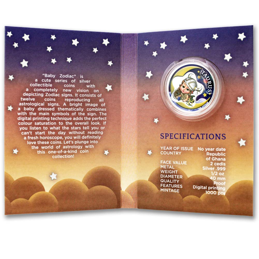 2022 1/2 oz Ghana Proof Silver Baby Zodiac Taurus Coin (Colored - in Capsule) with Original Certificate of Authenticity & Packaging 2 Cedis PF
