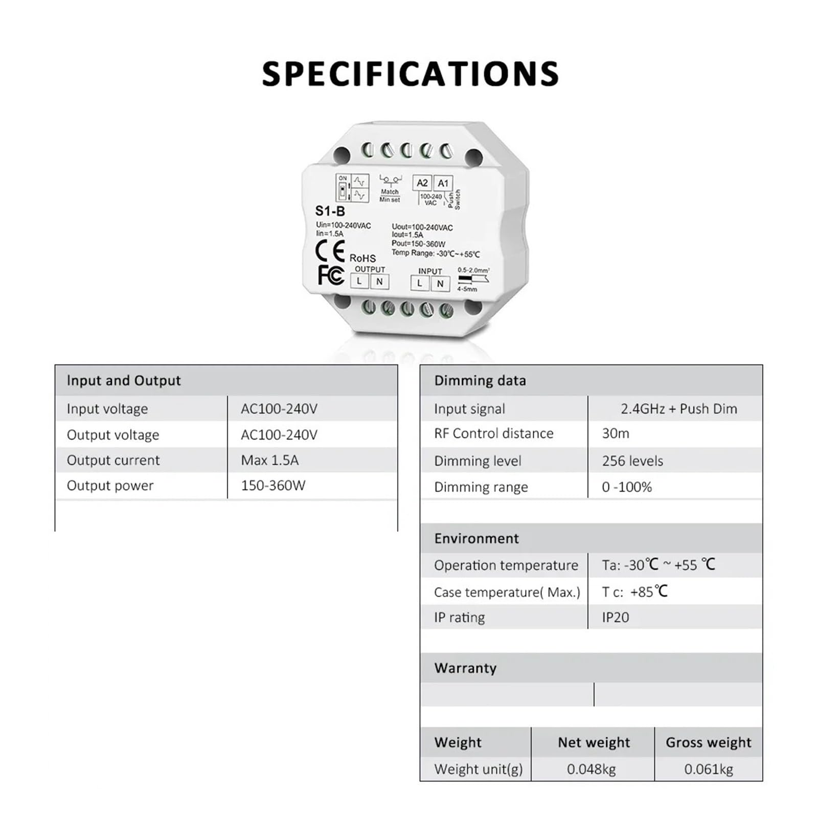 AC-Triac-LED-Dimmer 220 V, 230 V, 110 V mit 2,4 G Touch-Fernbedienung, Licht-Push-PWM-Dimmerschalter S1-B-Dimmung(Black R11 Only)