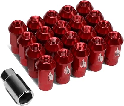 J2 Engineering 20 Pcs 7075 Aluminum Open End M12 x 1.5 Lug Nuts Set w/Socket Adapter, Red, Fit Conical Seat, LN-T7-008-15-RD