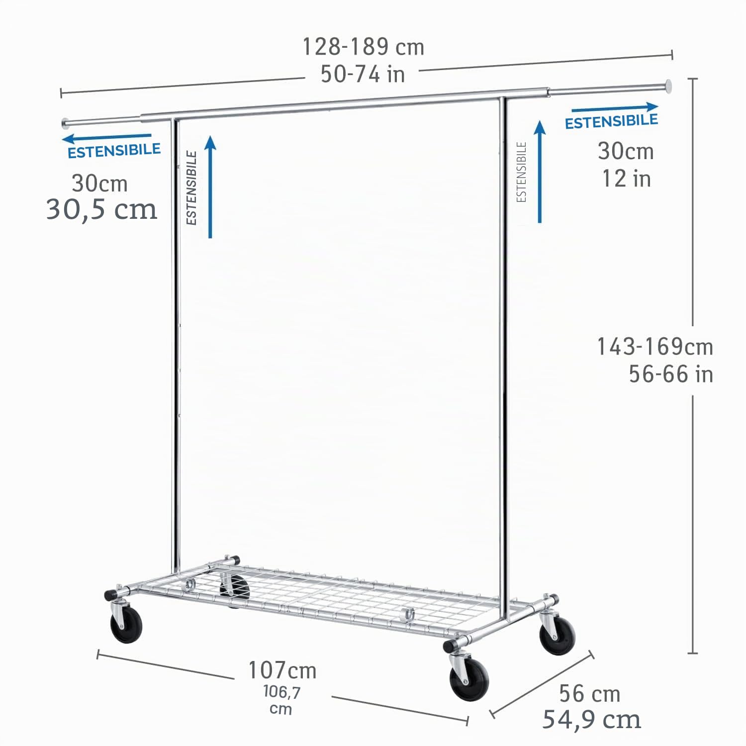 Tatkraft Duncan - Robusto Stand Appendiabiti Professionale, Portata 100 kg | Stender Appendiabiti con Ruote, Pieghevole, Regolabile 128-189x107x143-169cm, Montaggio 1 min, con Scarpiera, Acciaio Cromato