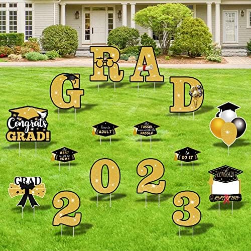 16Pcs 2023 Graduation Yard Signs, Congrats Grad Yard Decorations Gold and Black Congrats Graduation Lawn Signs Waterproof Outdoor Yard Signs with 34 Stakes for Graduation Party Supplies and Lawn Decor