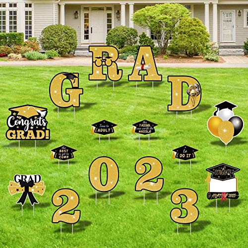 16Pcs 2023 Graduation Yard Signs, Congrats Grad Yard Decorations Gold And Black Congrats Graduation Lawn Signs Waterproof Outdoor Yard Signs With 34 Stakes For Graduation Party Supplies And Lawn Decor #TOP3