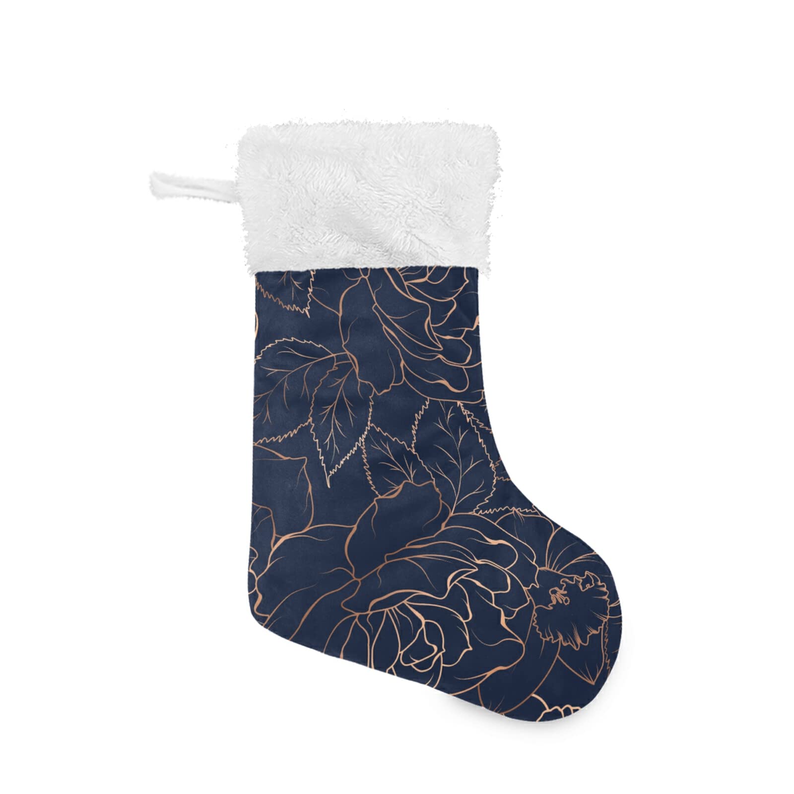 Poeticcity Multi 19 Copper-Gold Shiny Outline Rose Peony Flowers Leaves On Dark Navy Blue 2 Pcs Christmas Stockings, Large Burlap Plush Faux Fur Cuff 18"X8" Stockings For Bed Stairs Fireplace Xmas Tree Party Accessory