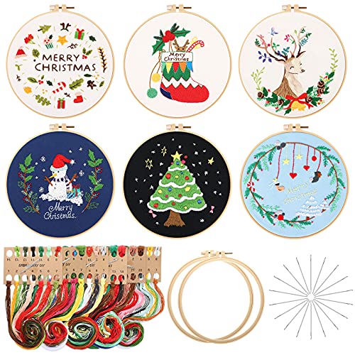 Canlierr 6 Sets Christmas Embroidery Kit with Pattern and Instructions Embroidery Starter Pattern Hoop Colored Threads Needlepoint Kit for Beginners Adults Supplies (Winter Pattern)