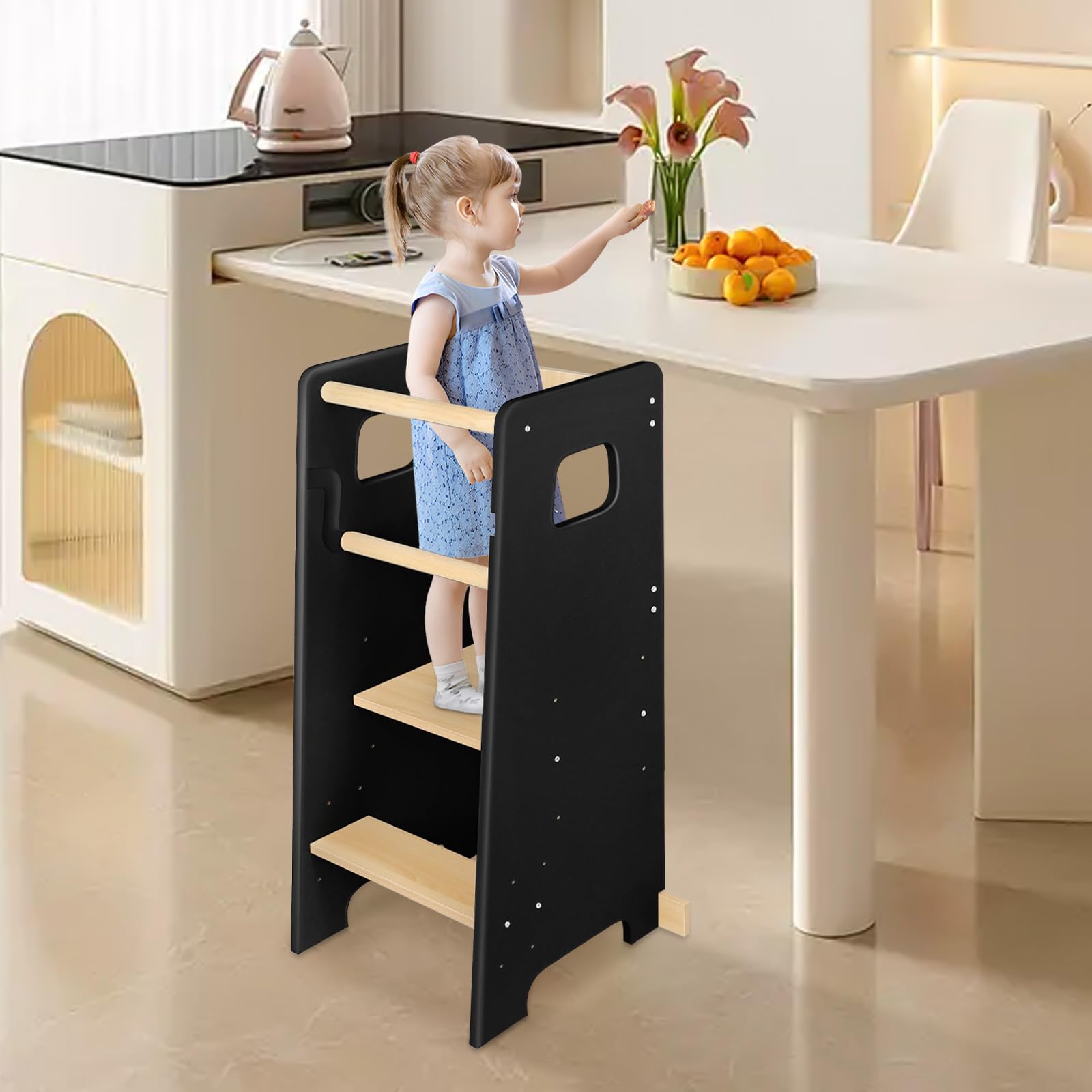 OHMG Lernturm ab 1 Jahr,Learning Tower,3 Höhenverstellbar Montessori Lernturm mit Kippschutz,Stehhilfe,Lernturm Montessori,Küchenhelfer für Kinder,Entdeckerturm aus Holz