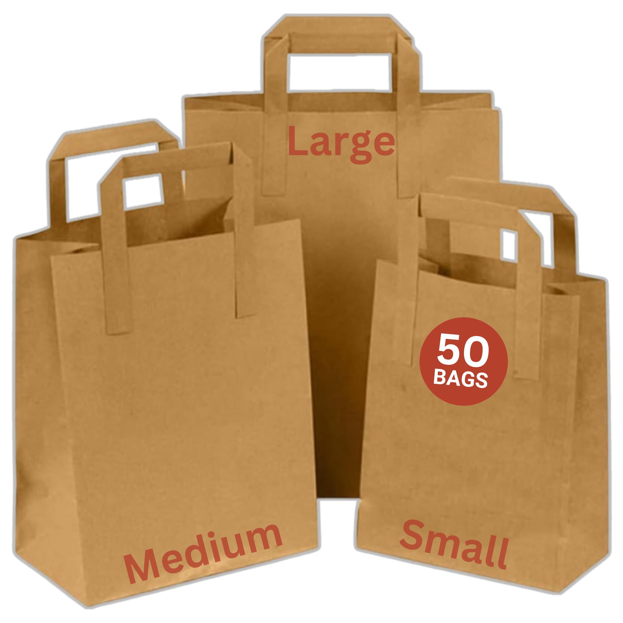 Brown Kraft Paper Bags with Handles - 50 Small Recyclable Biodegradable SOS Carrier Bags (9" x 7" x 3.5")