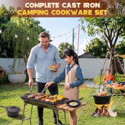 Image of Geetery 15 Pcs Pre-seasoned Cast Iron Cookware Set, Dutch Oven Camping Accessories Kit with Skillet, Pan, Pot, Gloves, Lid Lifter, Storage Bag, Scrubber for Kitchen Ourdoor Campfire Grill BBQ Cookware