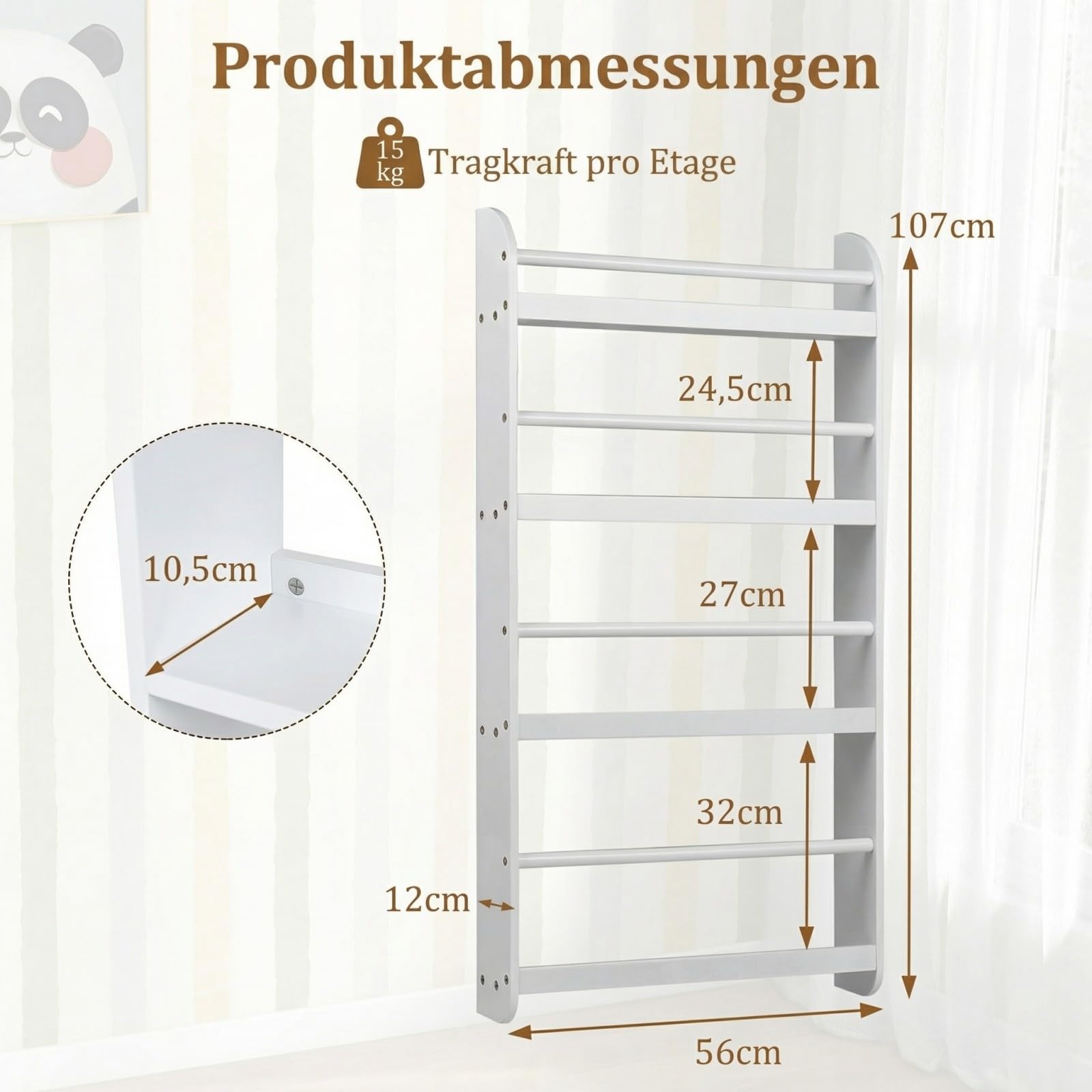 COSTWAY Bücherregal für Kinder, Kinderregal mit 4 Ablagen, Wandregal aus Holz für Spielzeug & Bücher, schmales Montessori Aufbewahrungsregal für Kinderzimmer, Leseecke, 56 x 12 x 107 cm (Weiß)