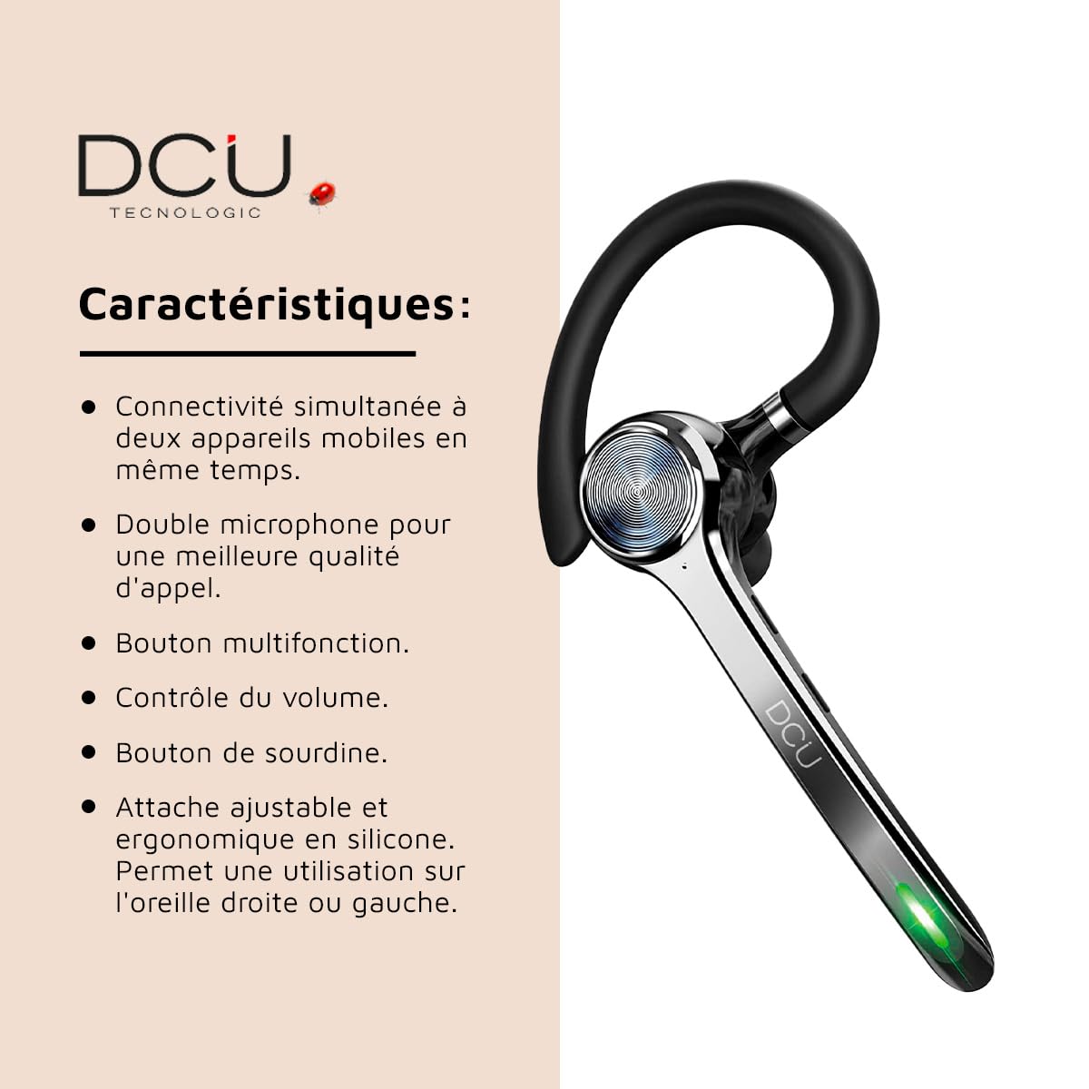 DCU TECNOLOGIC - Casque Mono Bluetooth 5.0 Action Pro - Casque sans Fil - Passer et recevoir des appels - Connectivité à Double Point