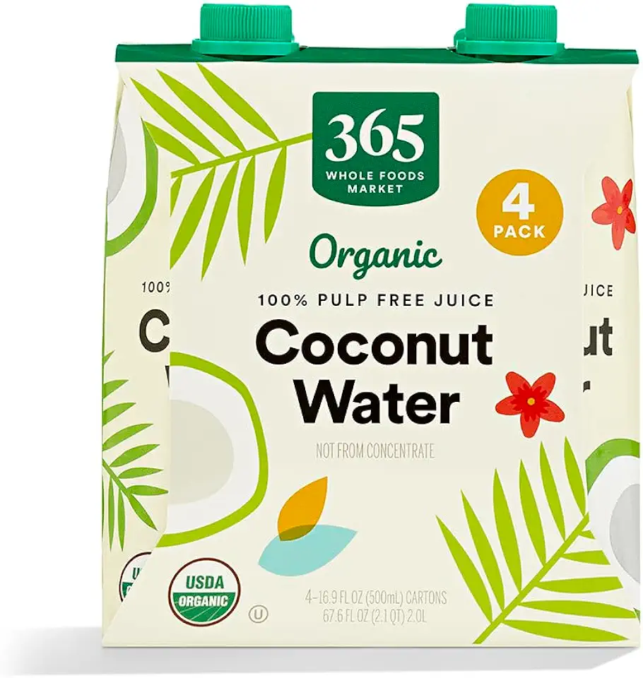 365 by Whole Foods Market, Organic Coconut Water, 100% Pulp-Free Juice, 16.9 Fl Oz per Carton, Pack of 4
