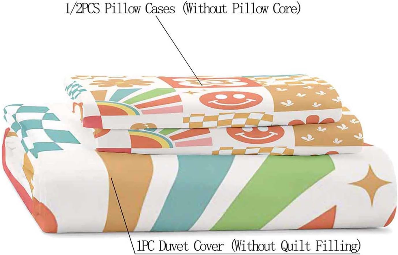 LUVIVIHOME 2PCS Retro Groovy Floral Duvet Cover Twin Bedding Sets Teen Girls Bedding Funky 70s Boho Aesthetic Cute Smiley Face Rainbow Swirl Flower Teal Orange Checkered Comforter Cover 1 Pillow Case