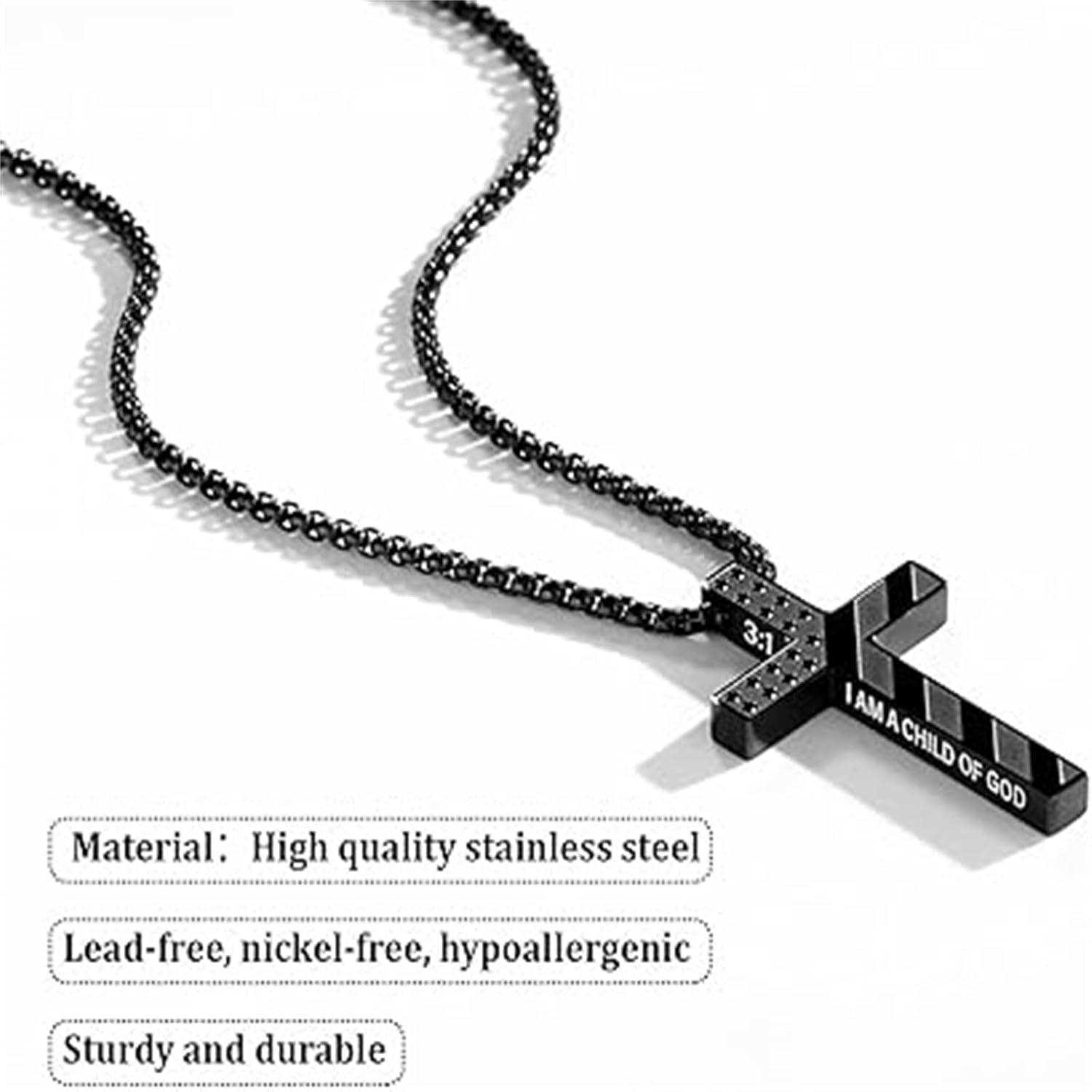 Black Cross Necklace for Men, Graduation First Communion Confirmation, Bible Verse Stainless Steel Chain Pendant Religious Christian baptism Gifts.