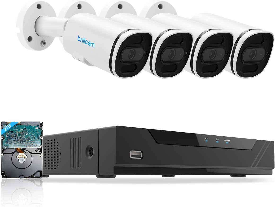 Brillcam4K PoE Security Camera System, Complete Surveillance Systems Outdoor, 4Pcs 8MP IP Cameras, 4K 8Ch NVR with 2TB HDD for 24/7 Recording, Motion Detection