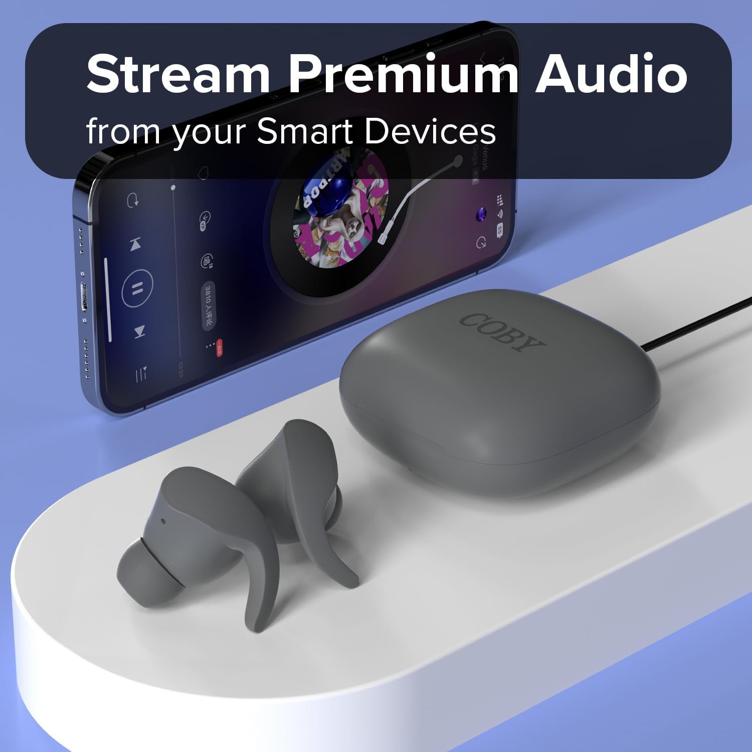 Coby earbuds and charging case next to a smartphone playing music