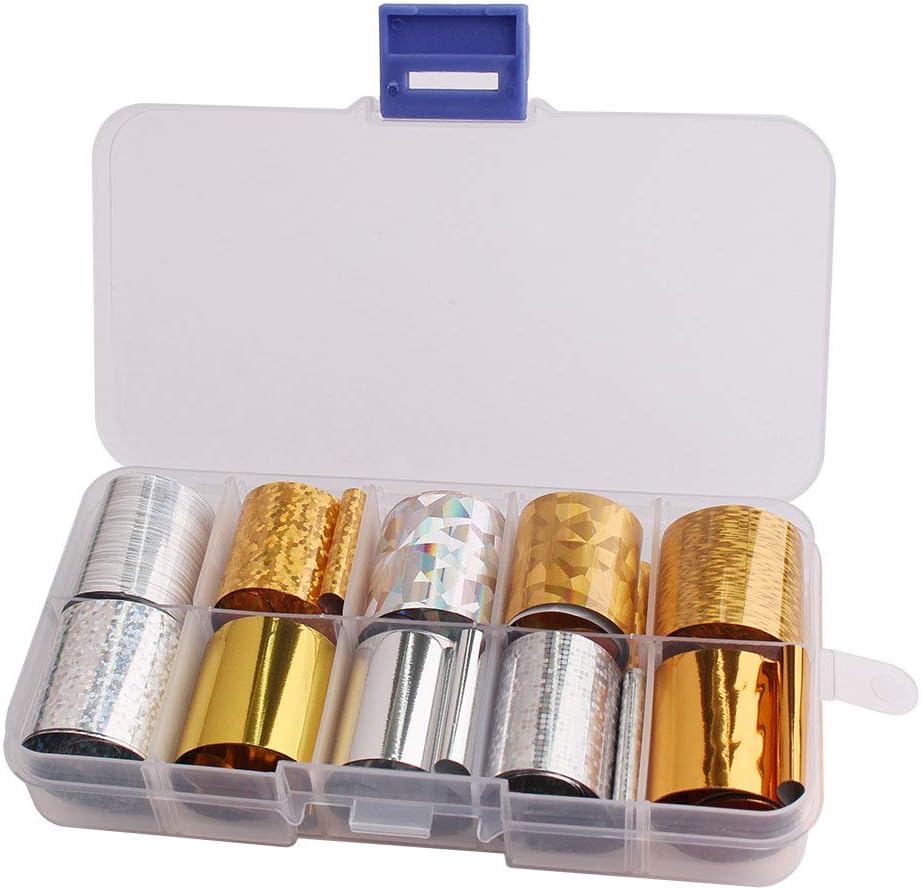 WOKOTO 10 Rolls Gold And Sliver Foil Nail Art Adhesive Stickers Starry Sky Laser Nail Transfer Wraps Decals Manicure Decoration (0.98inchs*39.4inchs)