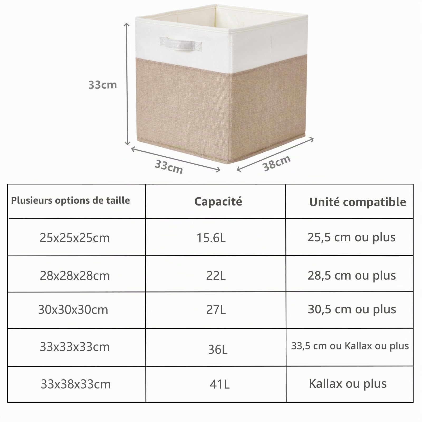 Cube de Rangement Tissu 33x38x33cm, Panier Cube de Rangement, Boite rangement (Blanc kaki clair, Lot de 4)