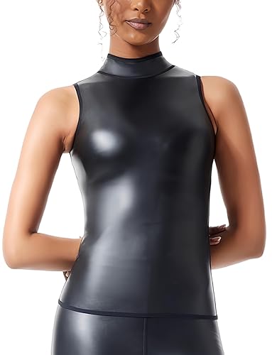 Ausing Crop Top Leather Sleeveless Women's Faux Leather Top Latex T-Shirt Tops Slim Fit for Rave Outfit Party Club Night Wetlook XS - 2XL
