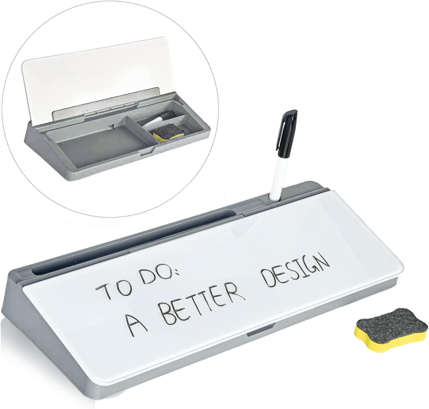 XBEY Desk Organizer Glass Desktop Whiteboard/Plastic Desk Buddy/Great Desk Organiser and Desk Accessory for Home Or Office/Dry Erase Board for Desk Notes (Grey and White)