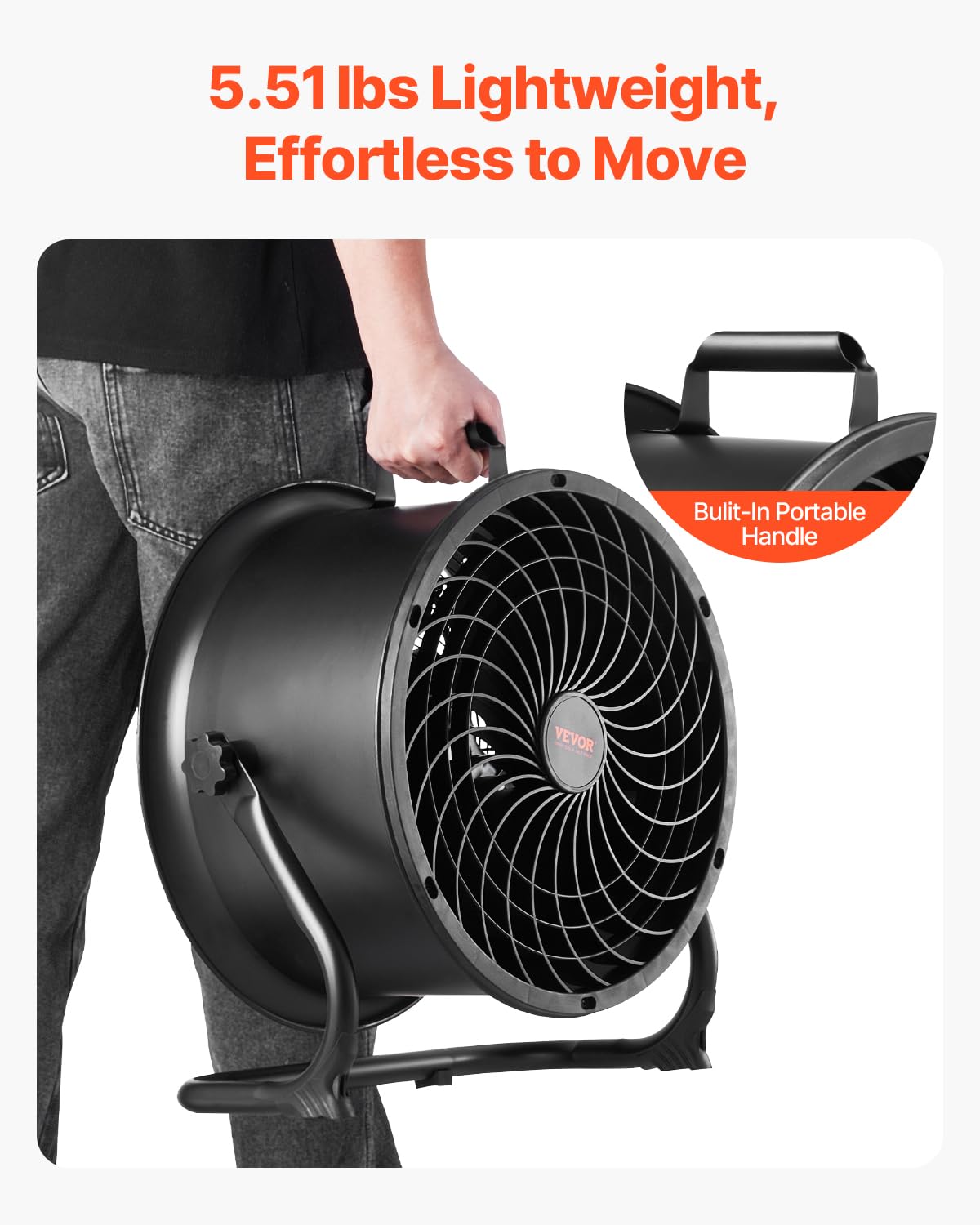 VEVOR Ventilador de Piso de Alta Velocidad de 3 Velocidades, 2520 CFM, Inclinación de 360°, Flujo de Aire de 7,2 m/s, para el Gimnasio, la Tienda Comercial y el Dormitorio, 254 x 508 x 584 mm