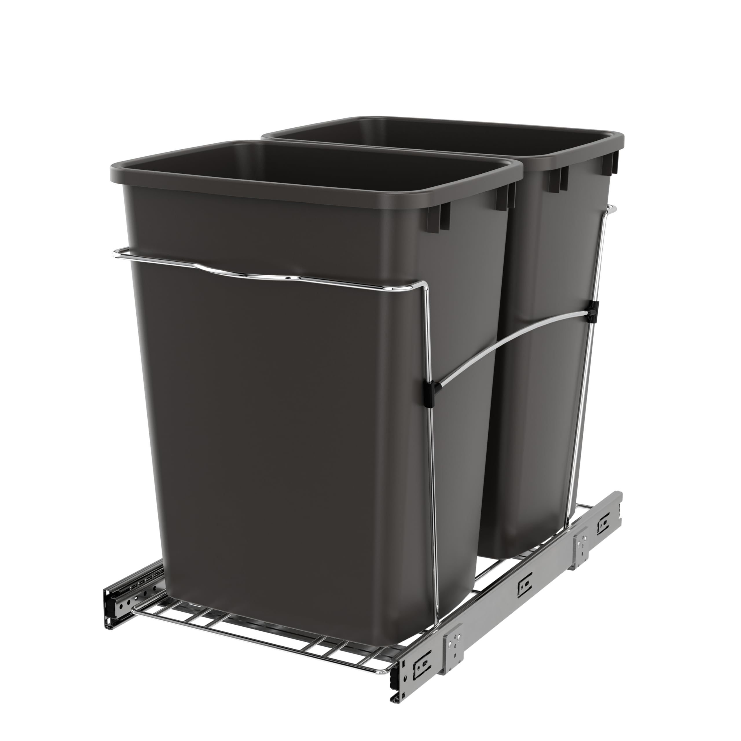 Rev-A-Shelf RV-18KD-13C-S Double Pullout Trash Can for Kitchen Cabinets 35 Quart Garbage Recycling Bin on Full Extension Slides, Gray