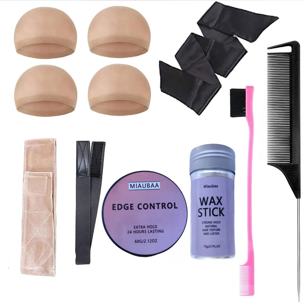 11 Pieces Wig install kit Edge Laying Scarf,Elastic Melt Band, Velet Wig grip, Edge Brush, 4 x Wig Caps, Edeg Control, Wax Stick, Pintail Comb for Women Lace Frontal Wigs