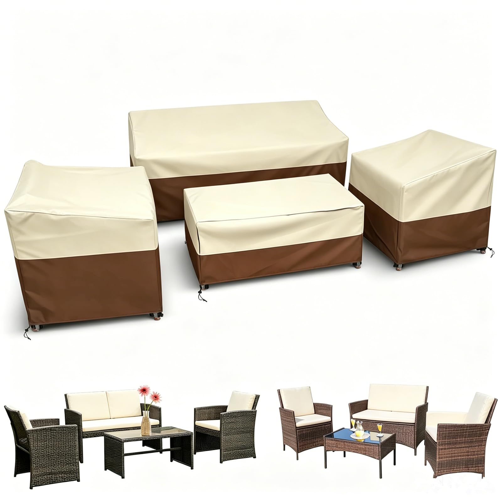 STARTWO Patio Furniture Cover 4 Piece Set, Beige, Large 420D