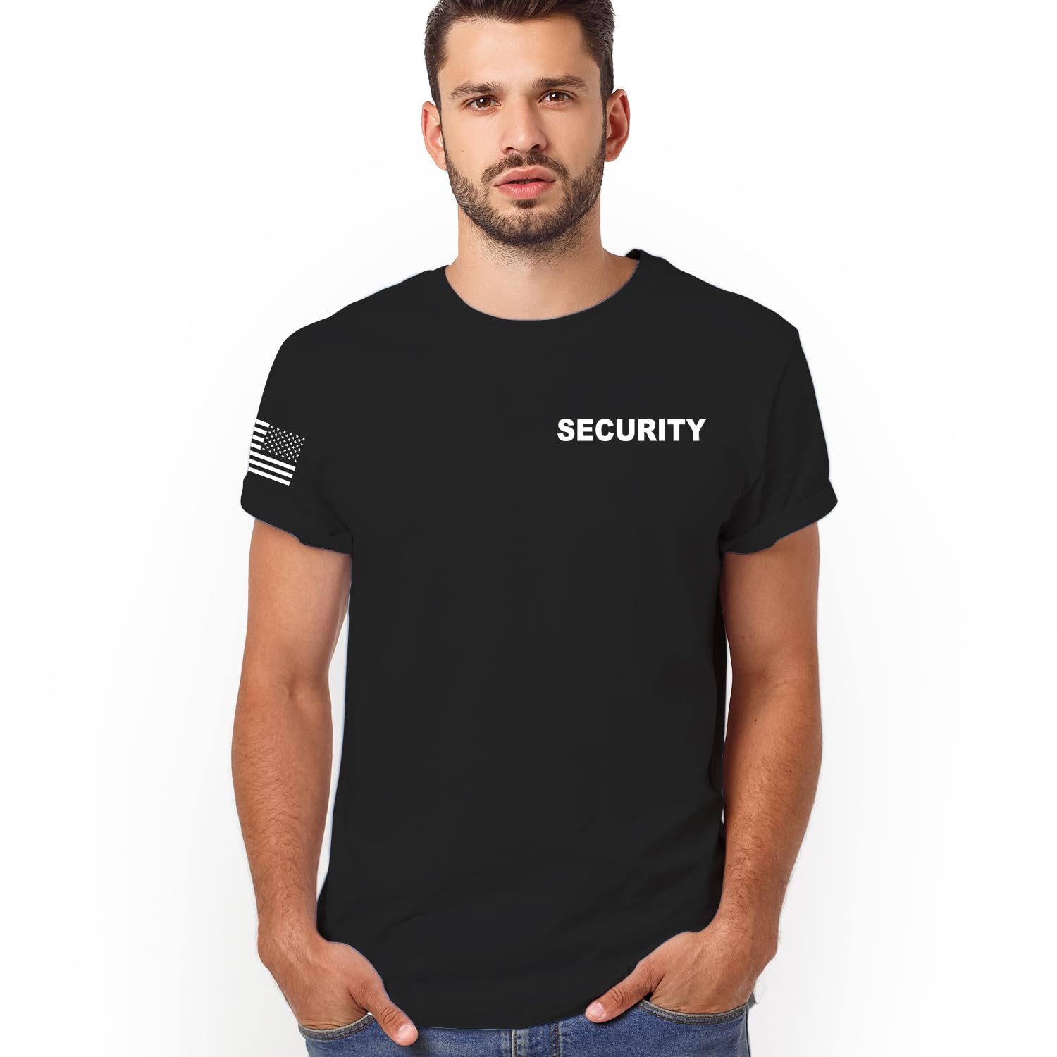 VeraccoSecurity Guard Event Staff 2 - Two-Sided Event Staff Shirt Two-Sided American USA Flag On Arm Men Tees