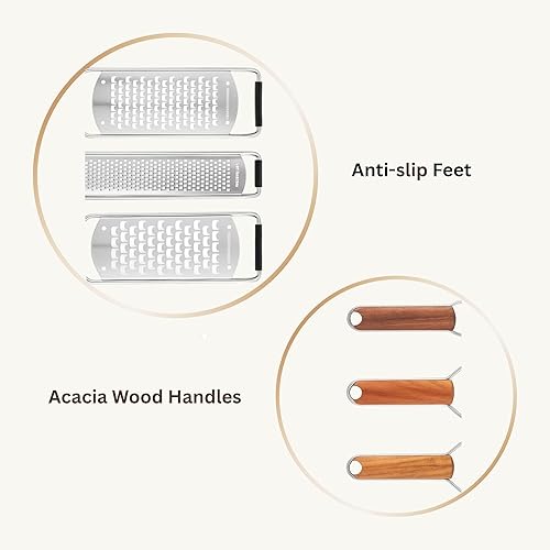 Miniatura 4 de NAZANIN Juego de 3 ralladores de queso de acero inoxidable 304, rallador de verduras y rallador de verduras con asas de madera de acacia, ralladores