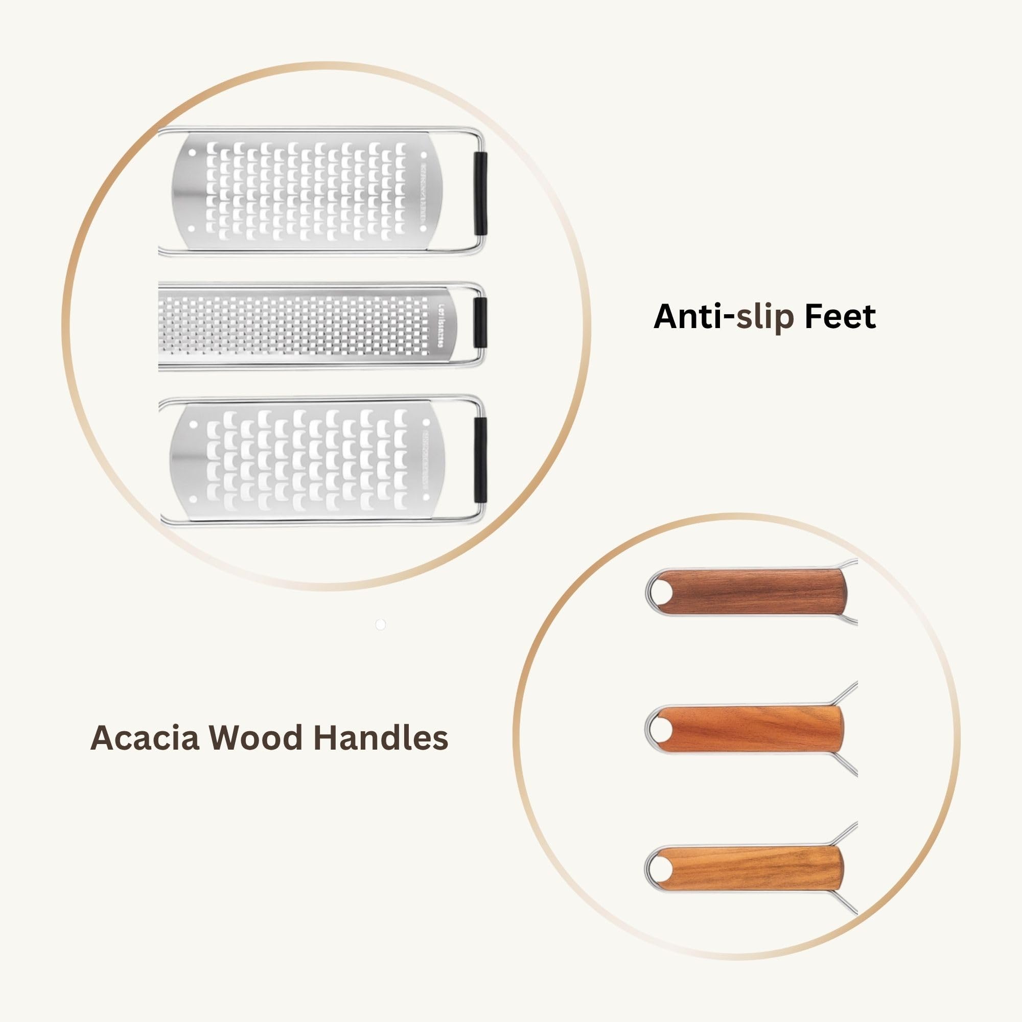 Juego de 3 ralladores de queso de acero inoxidable 304, rallador de verduras y rallador de verduras con asas de madera de acacia, ralladores de cocina de mano para ajo, jengibre, limón, nuez 4